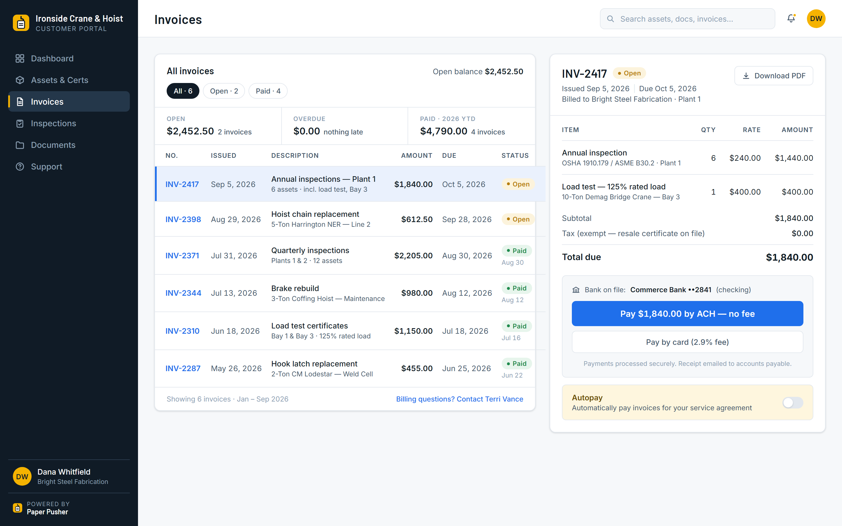 Concept mockup of the invoices screen: open and paid invoices with amounts and due dates, and a pay button offering free ACH or card.
